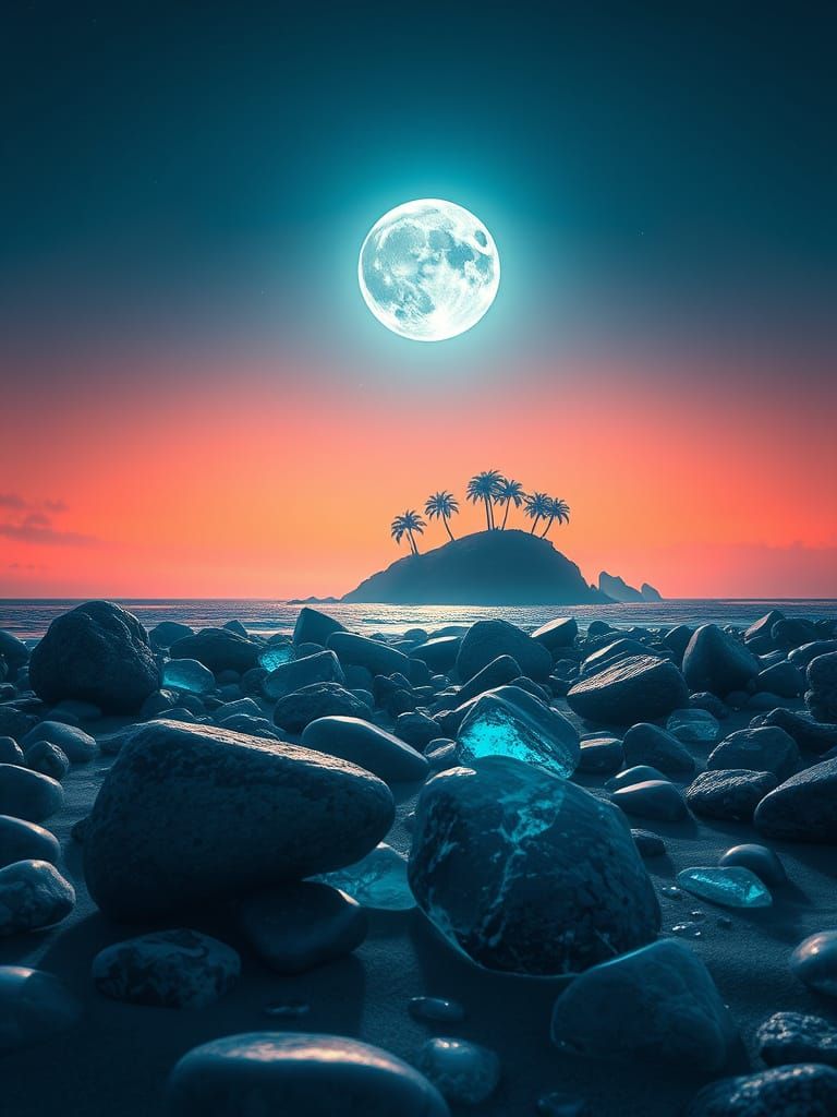 Moonlit Beach Island in Syd Mead Style