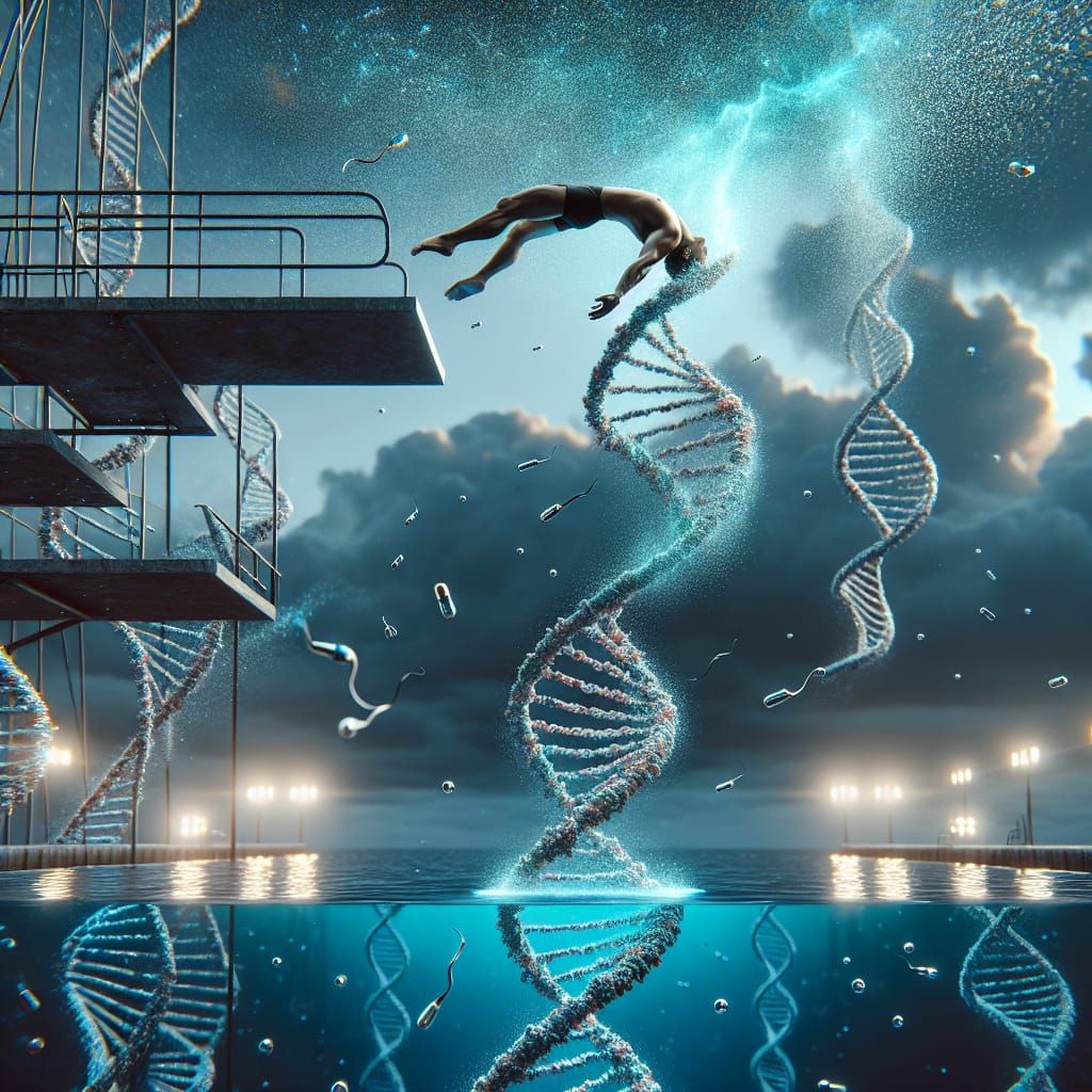 Diver Suspended by DNA in Magic Realism Style
