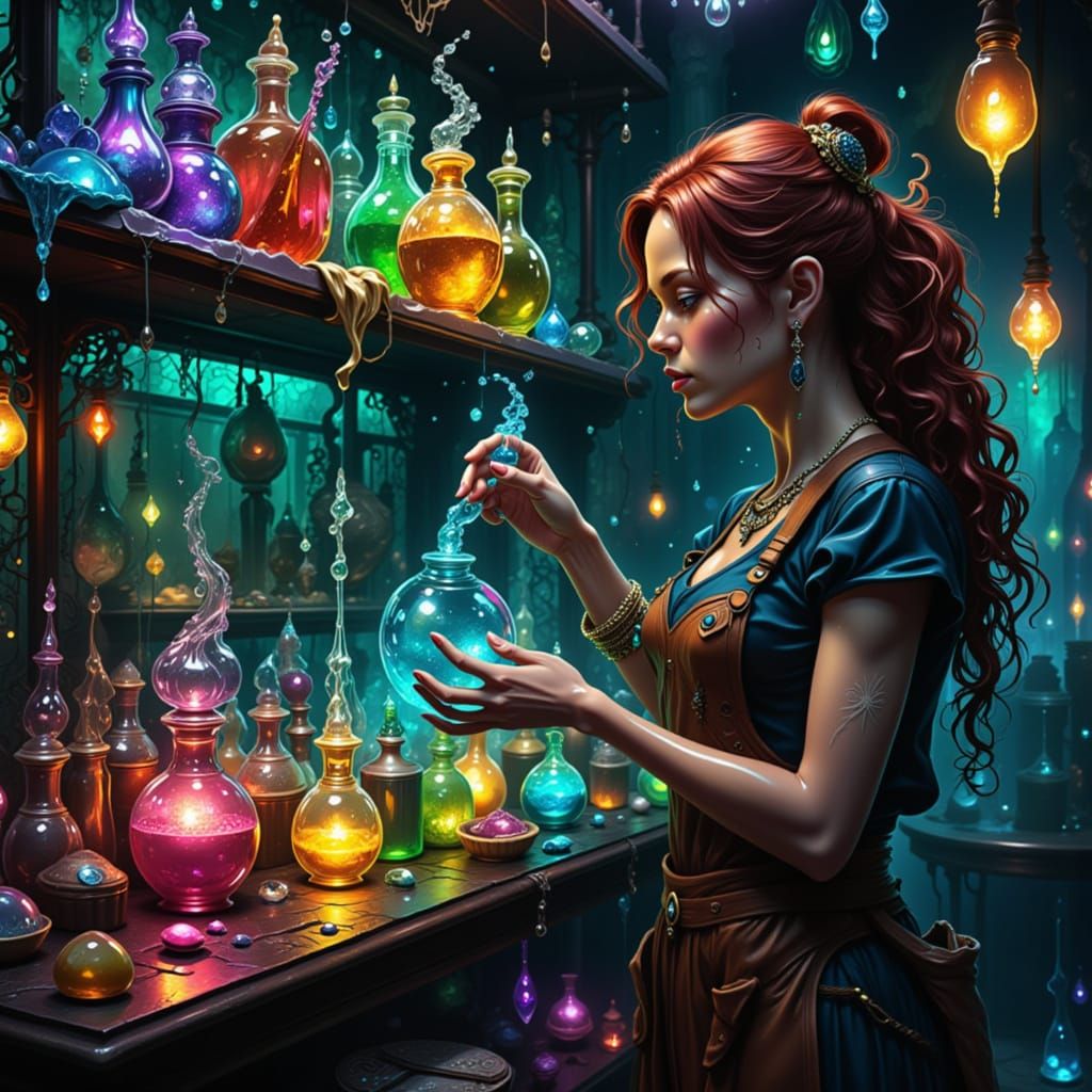 Auburn Haired Alchemist Sorting Glowing Potions in Dim Shop