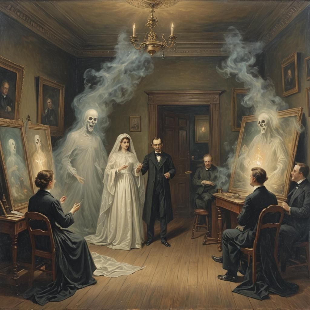 Victorian oil painting,  a demonstration of Ghost manifestat...