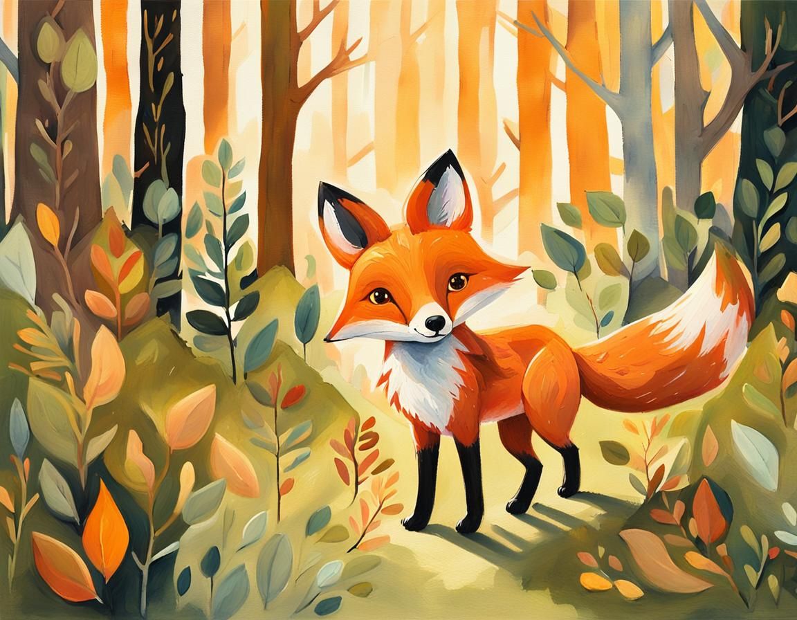 Surreal Cartoon Fox Carries Piggy Bank in Forest Gouache Mas...