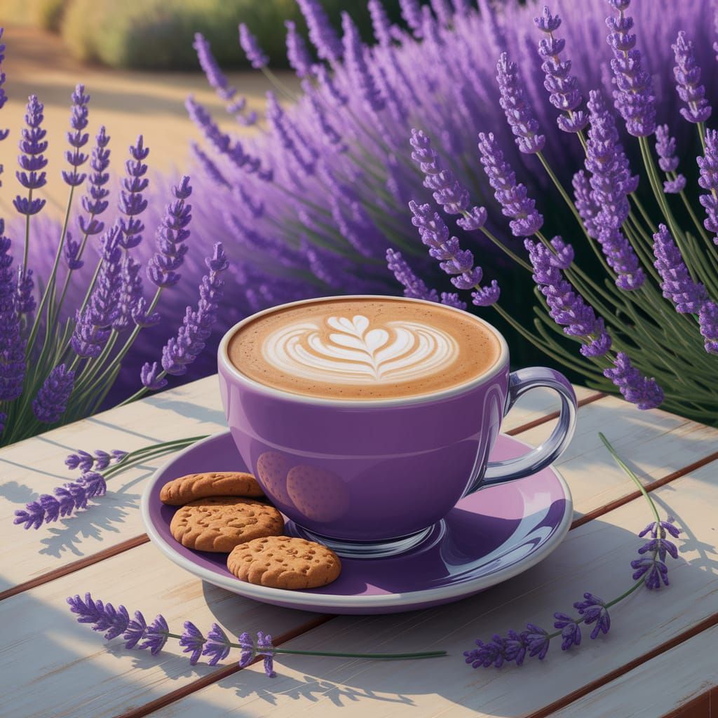 Lavender Latte with Cookies in Gouache Style