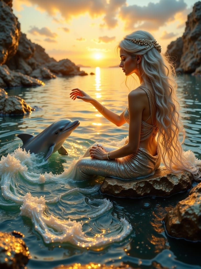 Mermaid and Dolphin at Sunset