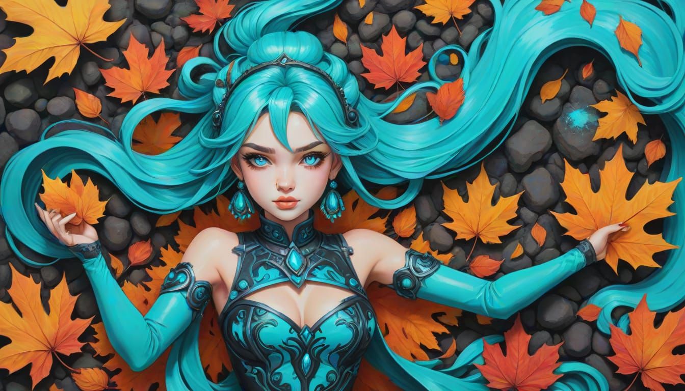 Ethereal Autumn Landscape in Vibrant Cyan and Orange Hues