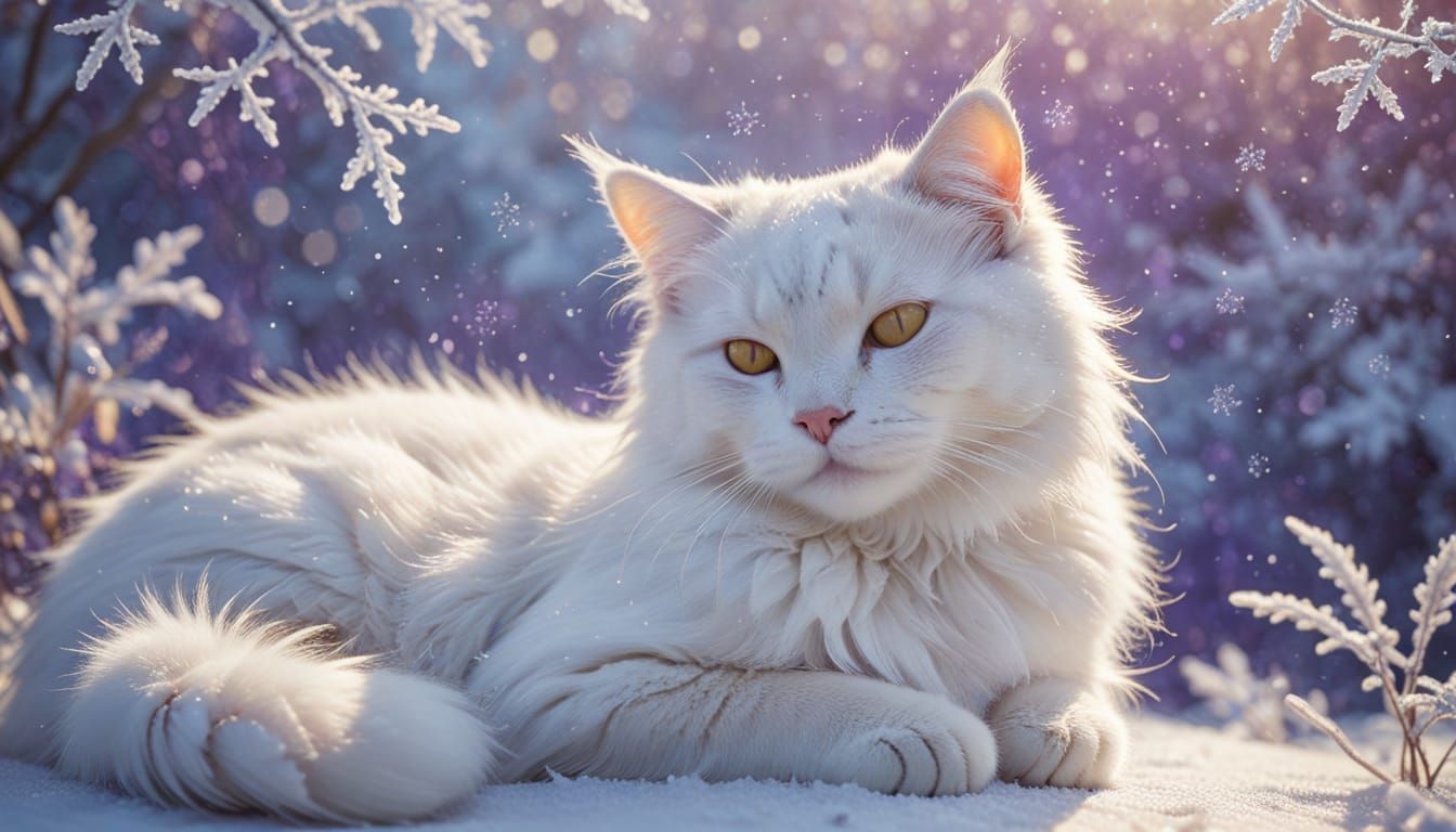 Dreamy Winter Cat Adorned with Frost in Pastel Landscape