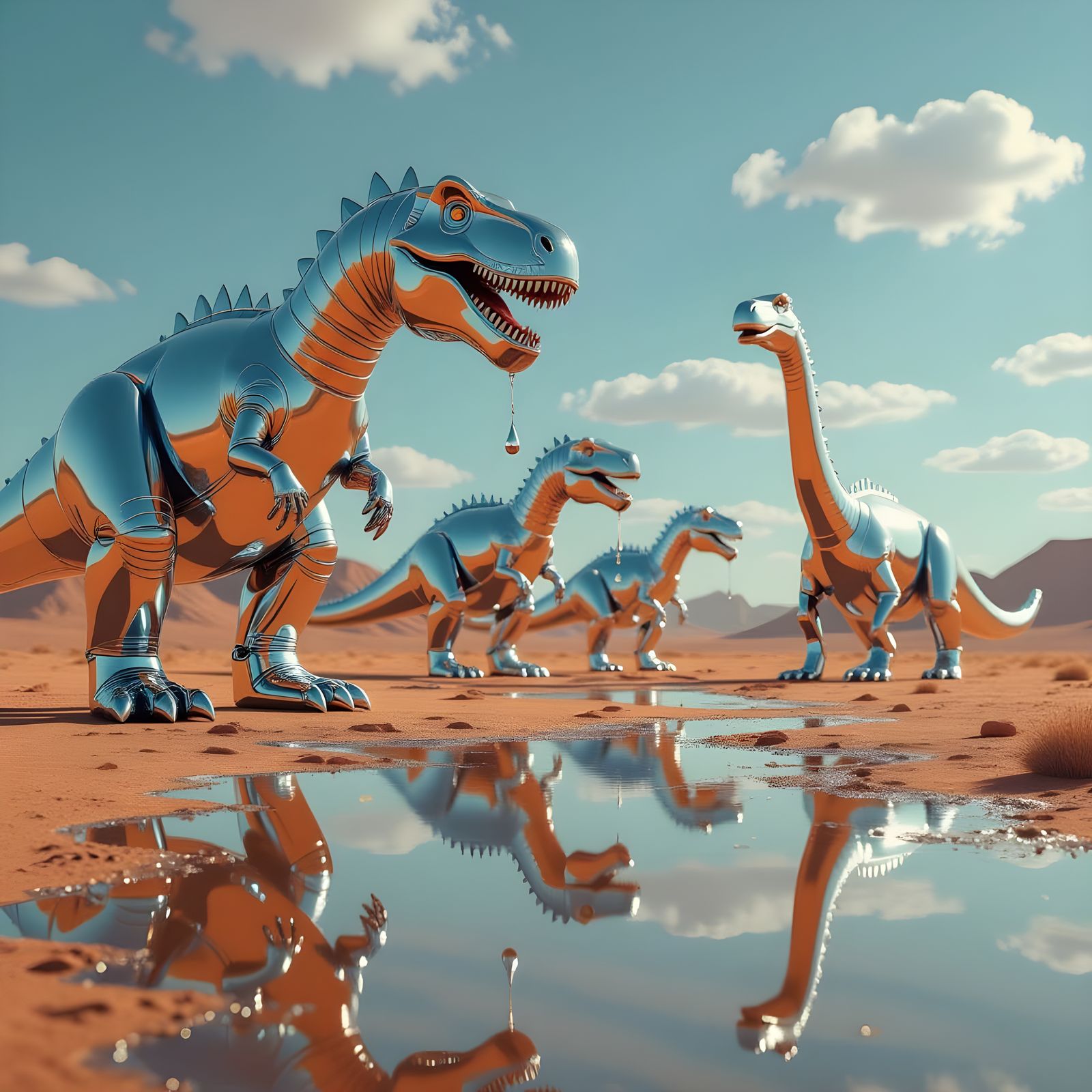 Vibrant Dinosaur Parade in a Golden Desert Landscape