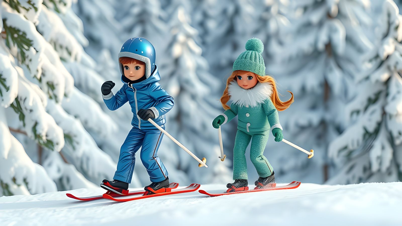 Cute Dolls Ski Down a Snowy Slope in Whimsical Winter Wonder...