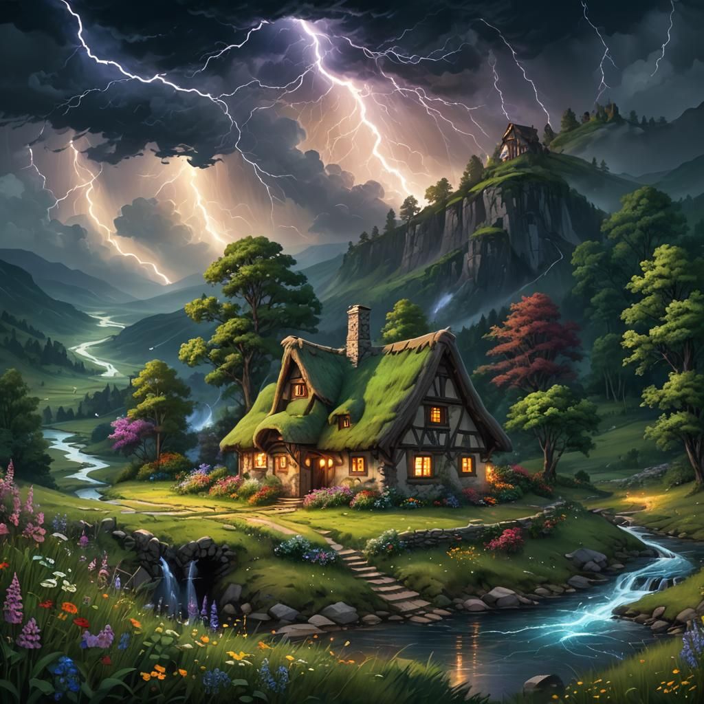 Medieval Cottage by River Under Lightning, Art Nouveau