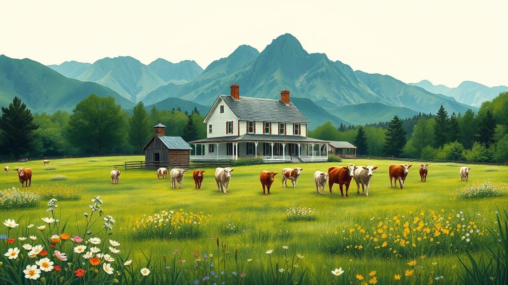 Vibrant Dairy Farm Landscape in Post-Impressionist Style