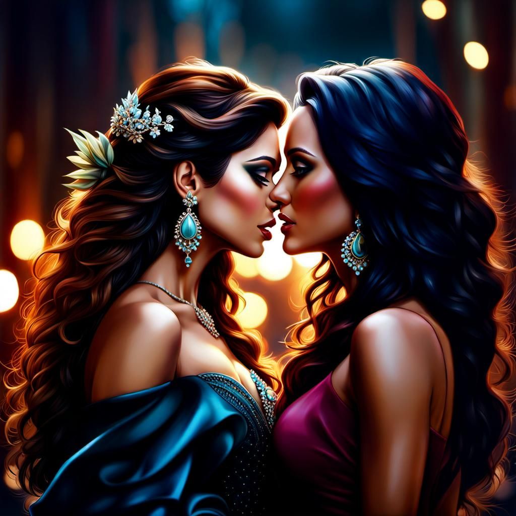 Passionate Kiss Between Two Brunette Women