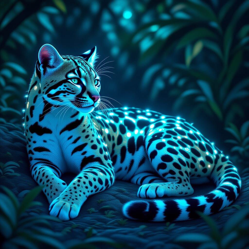 Bioluminescent Biomechanical Ocelot in a Futuristic Style