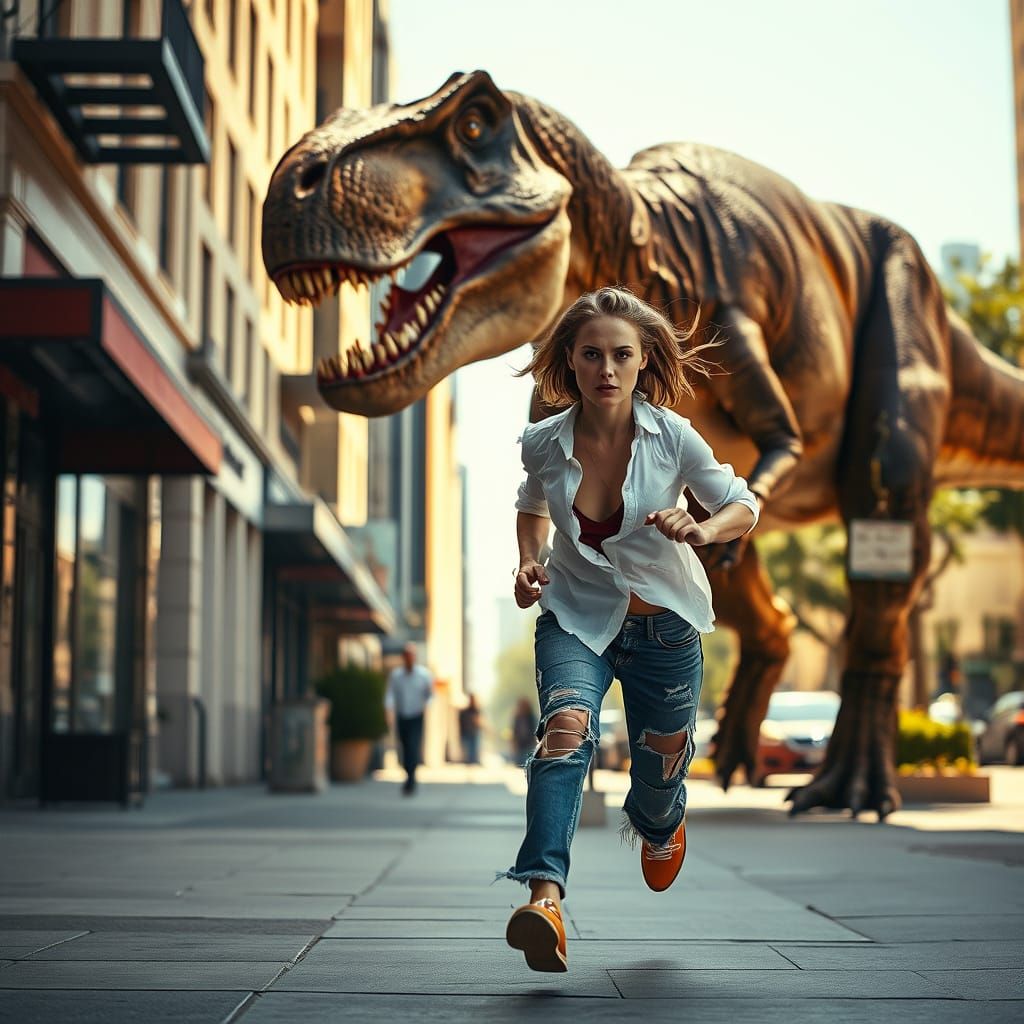 Cara Delevingne Runs from T-Rex in City