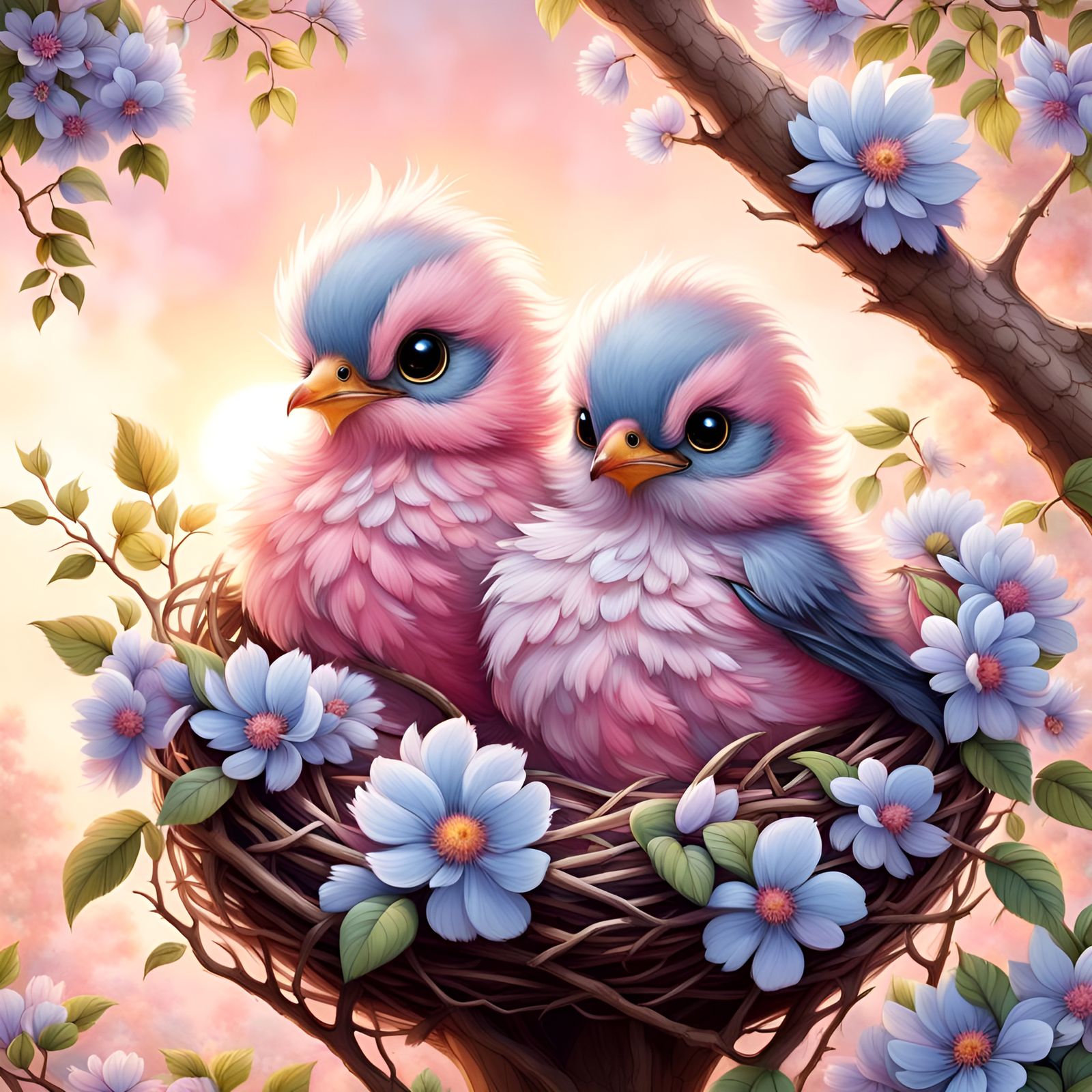 Cute Pink Baby Birds in Nest at Sunrise