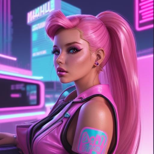 Vaporwave Malibu Barbie in Cyberpunk Style