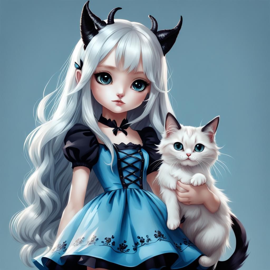 Girl with White Hair, Black Horns, and Cat