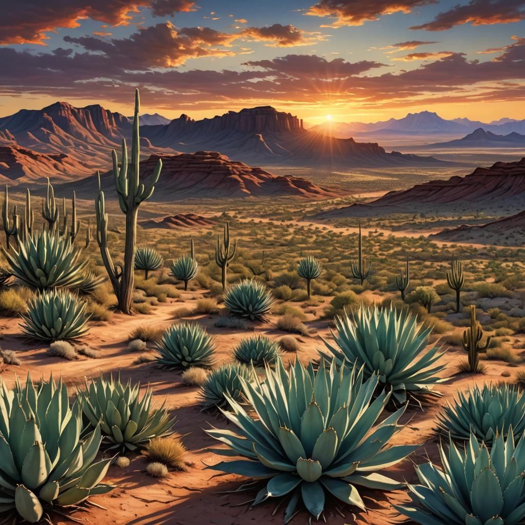 Surreal Desert Landscapes with Cacti at Sunset
