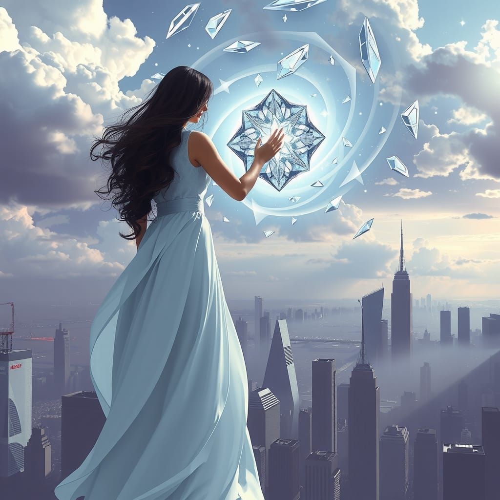 Woman Creates Spiral in Diamond Clouds, Futuristic Art