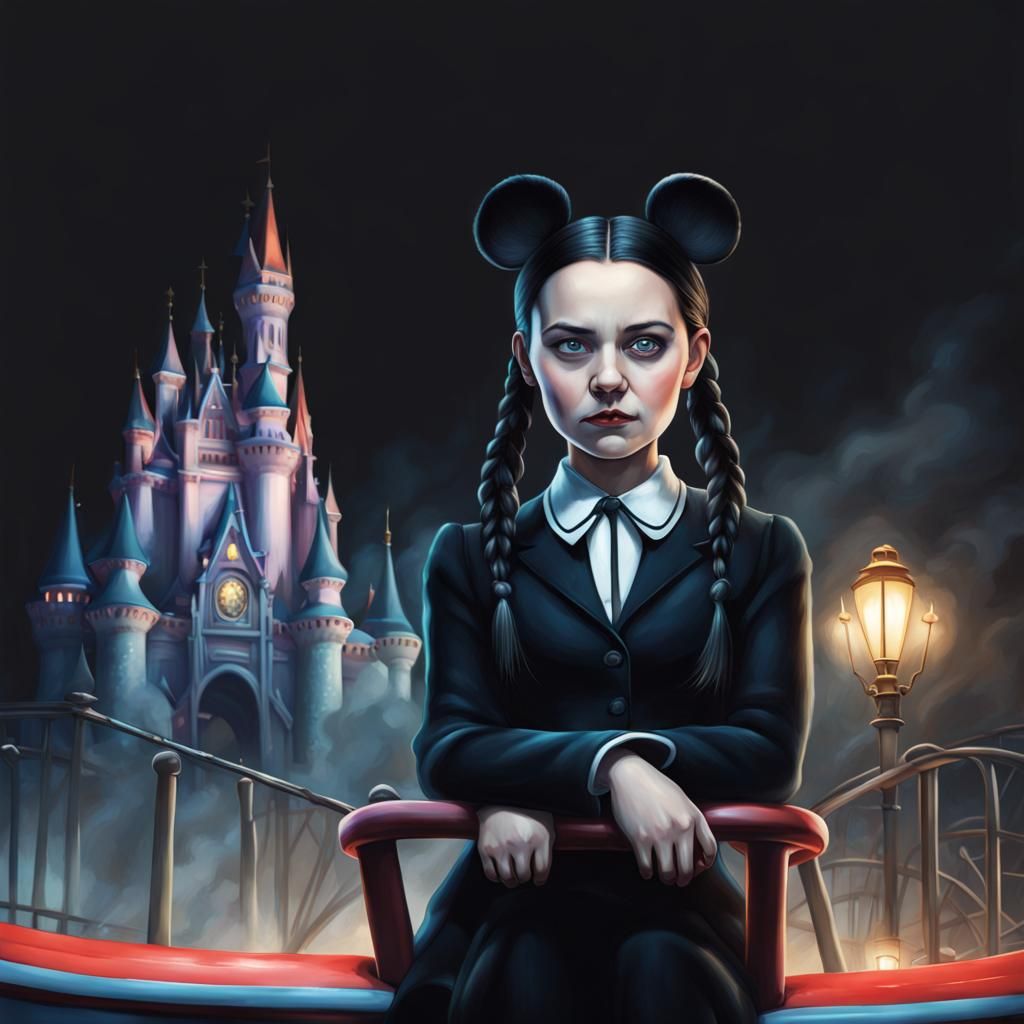 Wednesday Addams on a Rollercoaster, Hyperrealistic Art