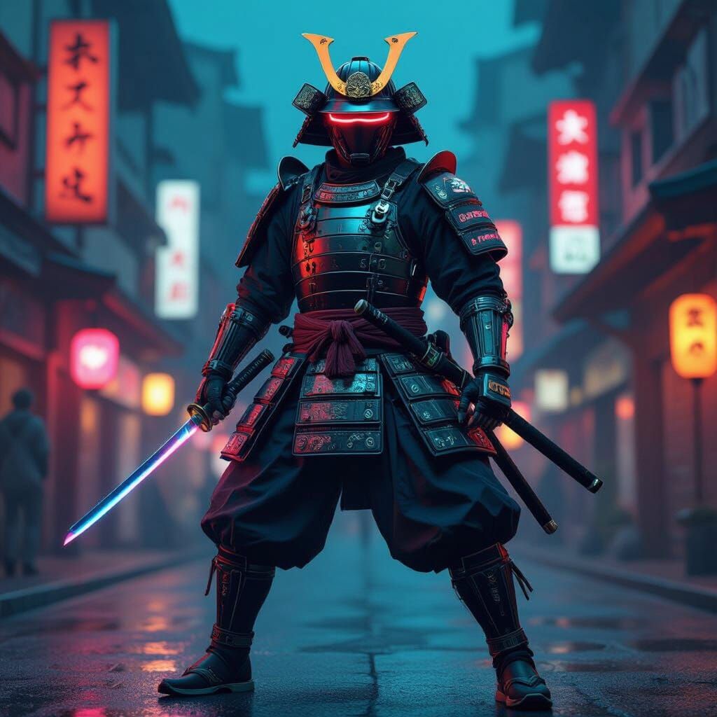 Cyberpunk Samurai Warrior in Neotokyo Street Arena