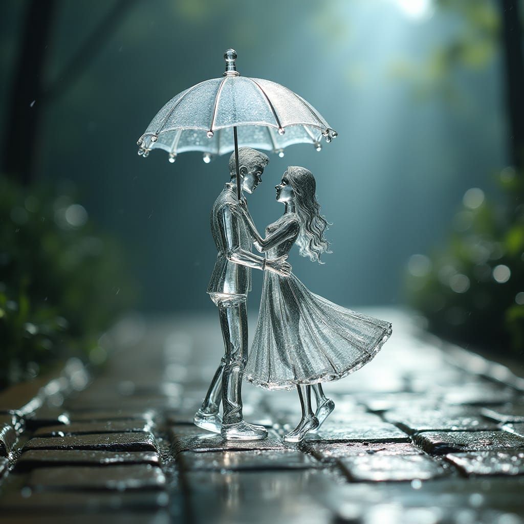 Glass Couple Dancing in Rain Under Umbrella
