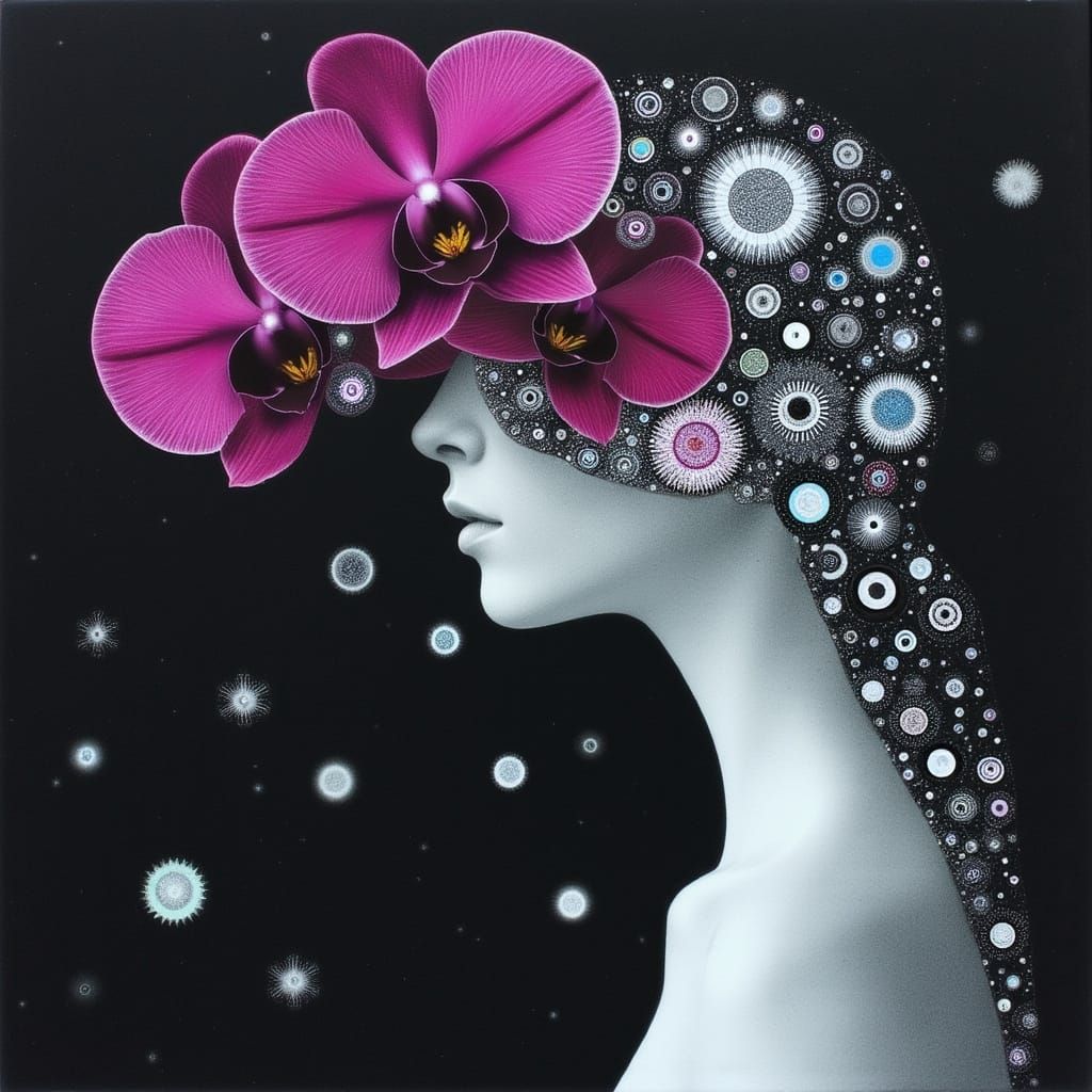 Contemplative Woman Amidst Fractal Snowflakes and Orchids at...