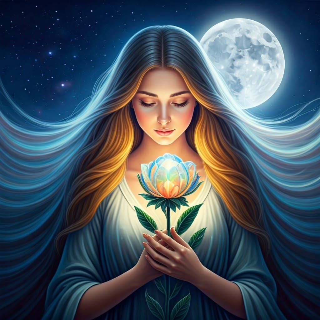 Mystical Woman with Moonbloom in Ethereal Fantasy Art
