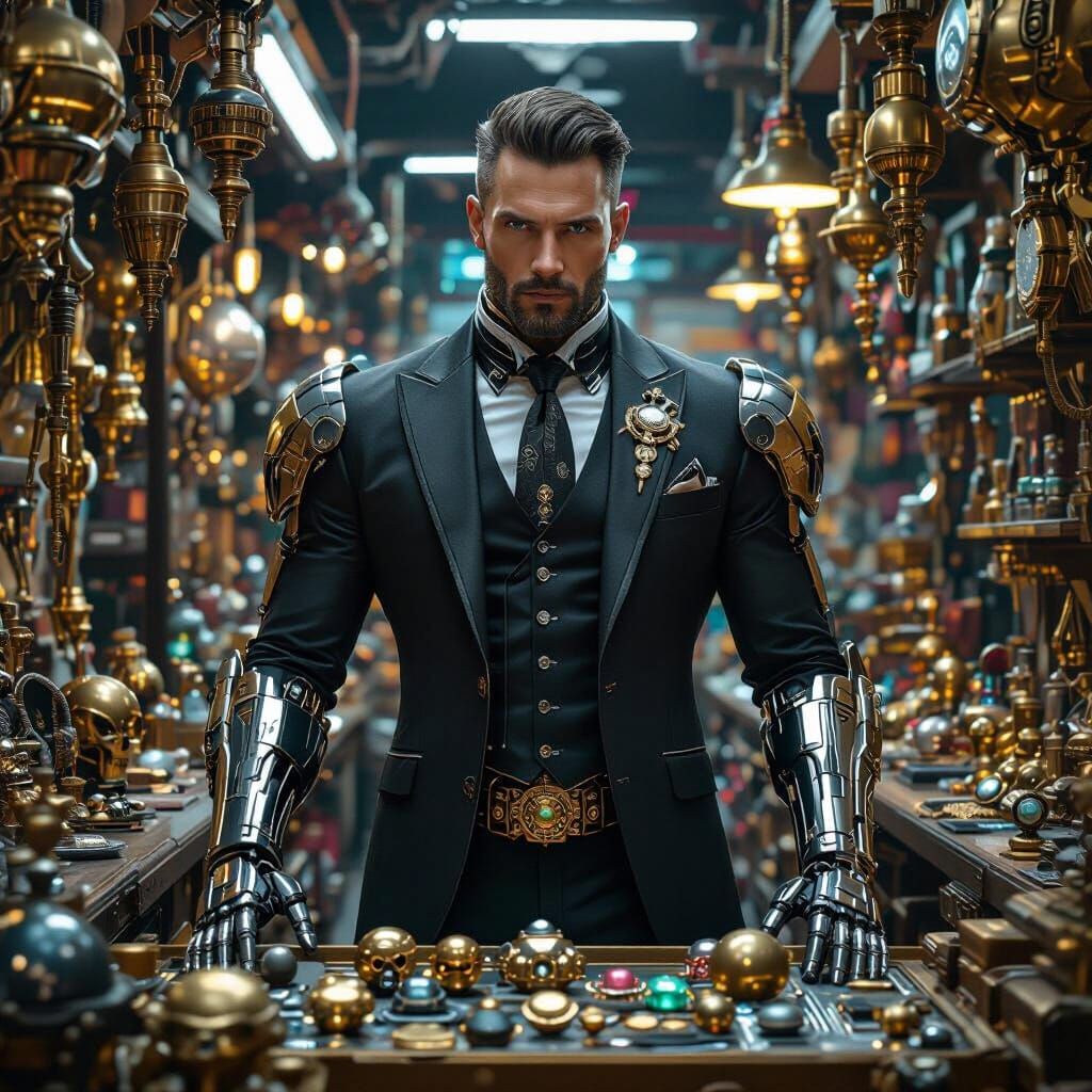 Cyberpunk Cyborg Merchant in Industrial Future