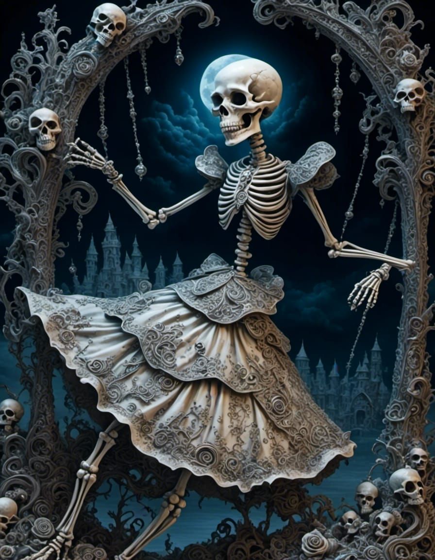 Skeleton woman dancing under the full moon