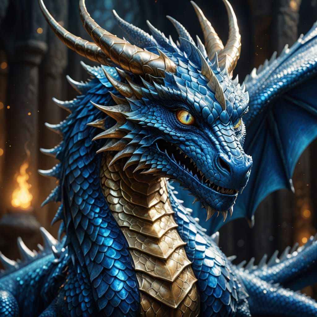 Sapphire Dragon Portrait in Fantasy Art Style