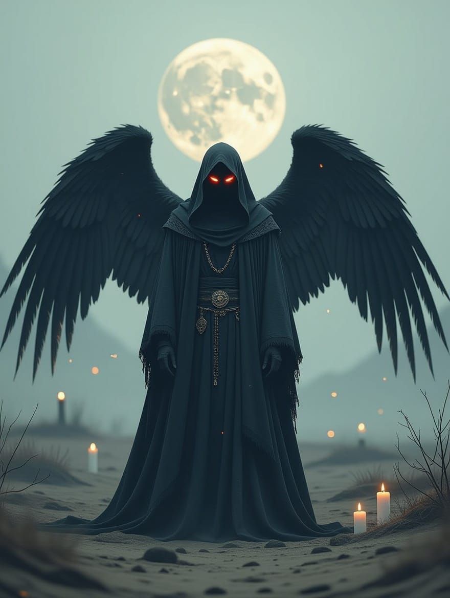 a hybrid creature, half grim reaper, half angel of death