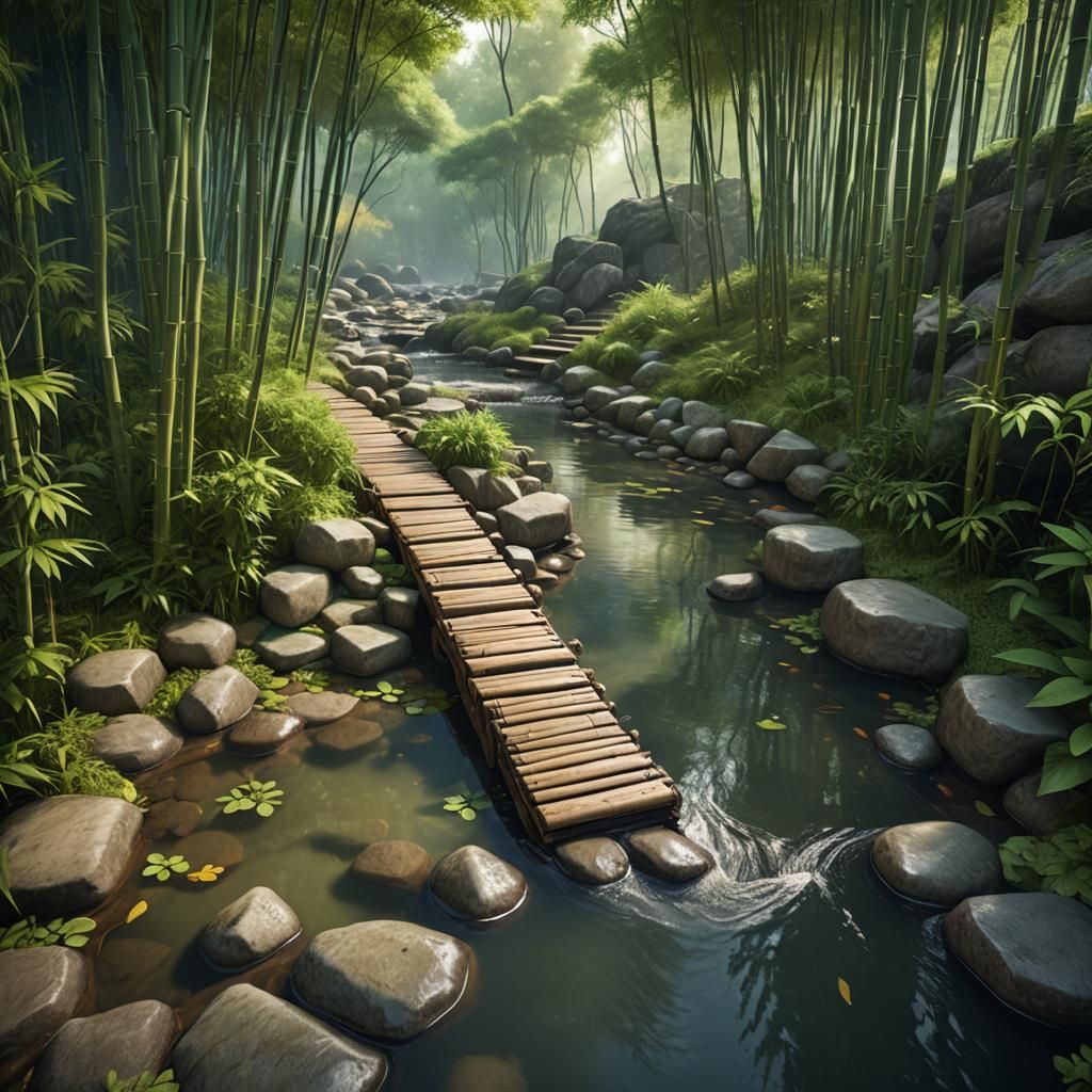Tranquil Bamboo Forest Pathway in Detailed Matte Painting