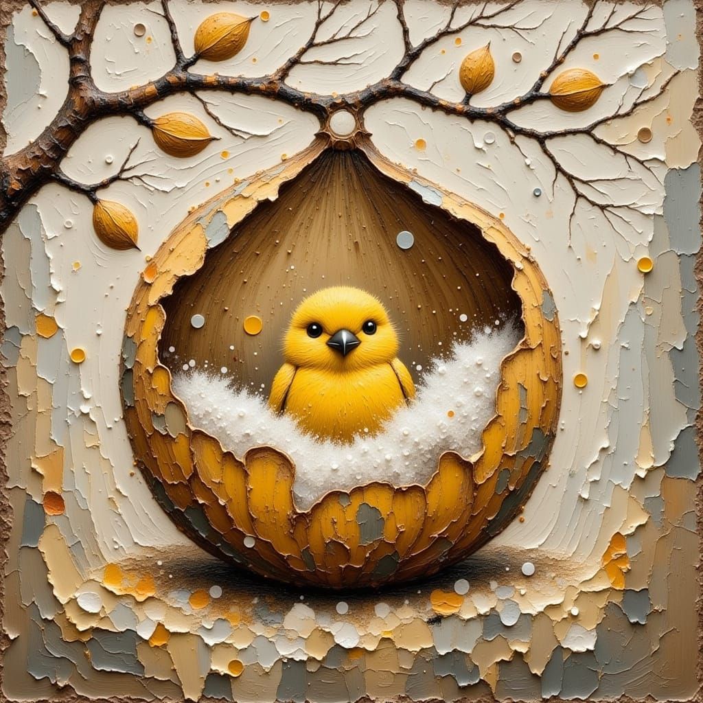 Impasto Oil Painting of a Yellow Bird's Cozy Nest