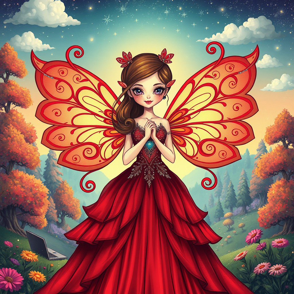 Fantastic Modern-Day Fairy in Red Haute Couture Dress