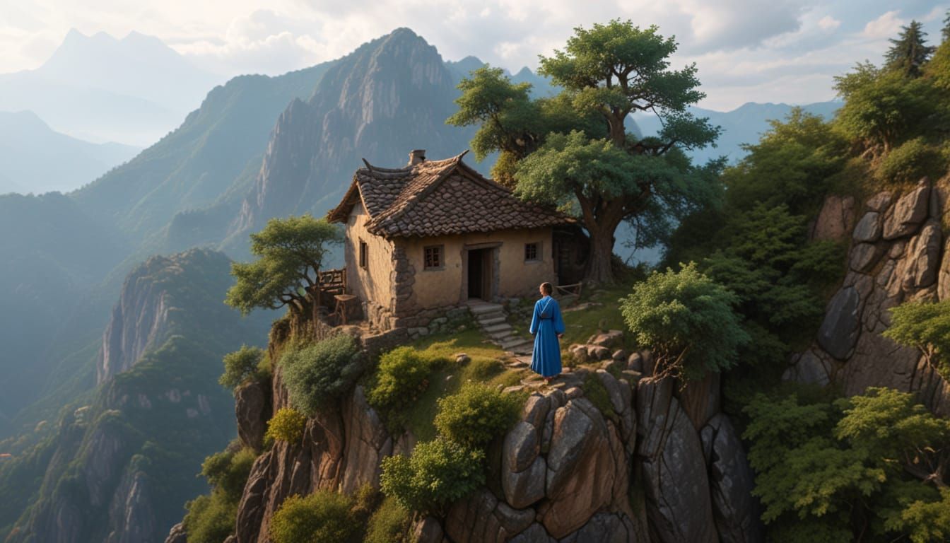 Ancient Cliffside House with Woman in Blue Robe