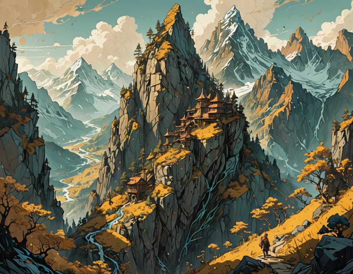 Heroic Mountain Landscape with Golden Outlines