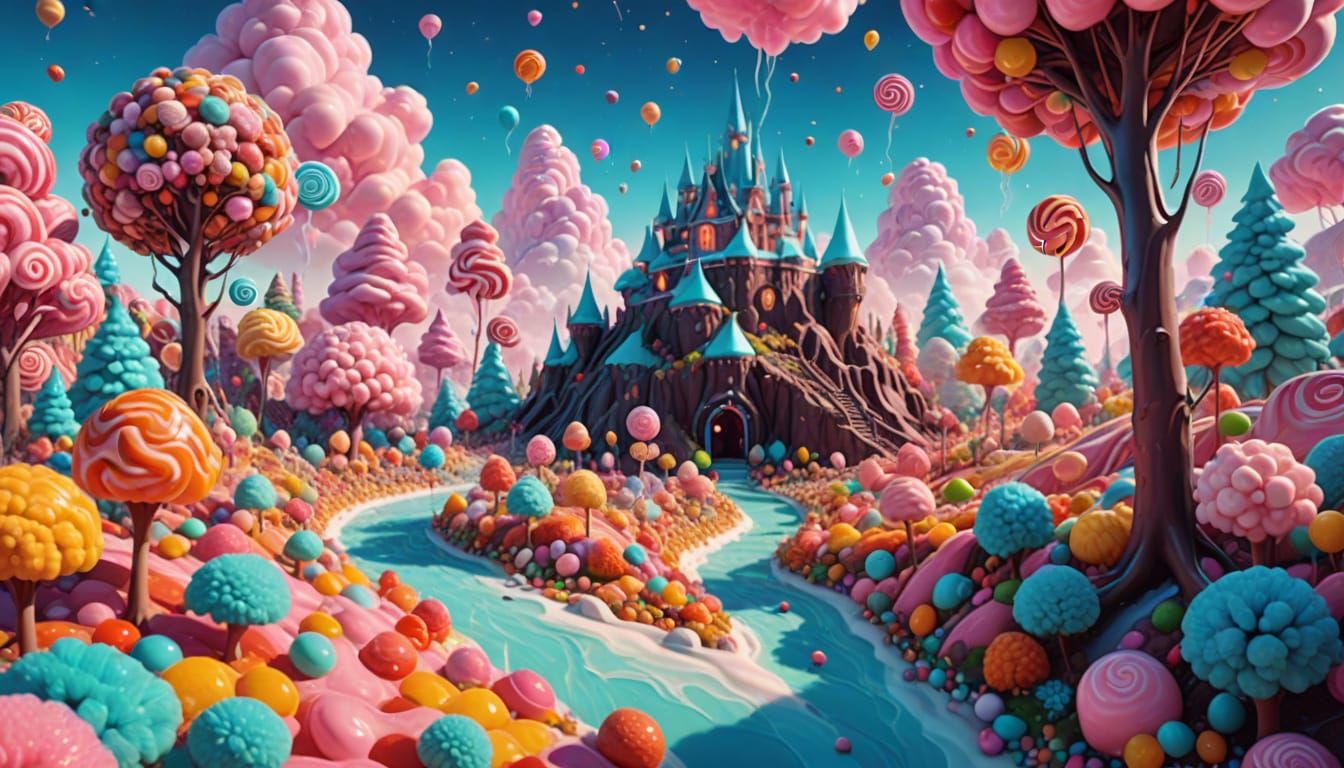 Whimsical Candy World with Lollipop Trees and Chocolate Rive...