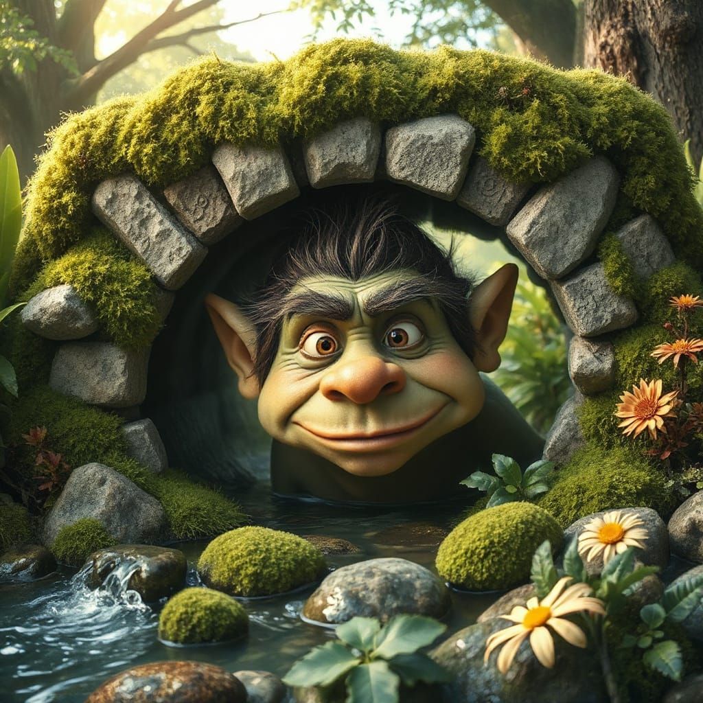 Mischievous Troll Peeking Under Bridge in Potter Style