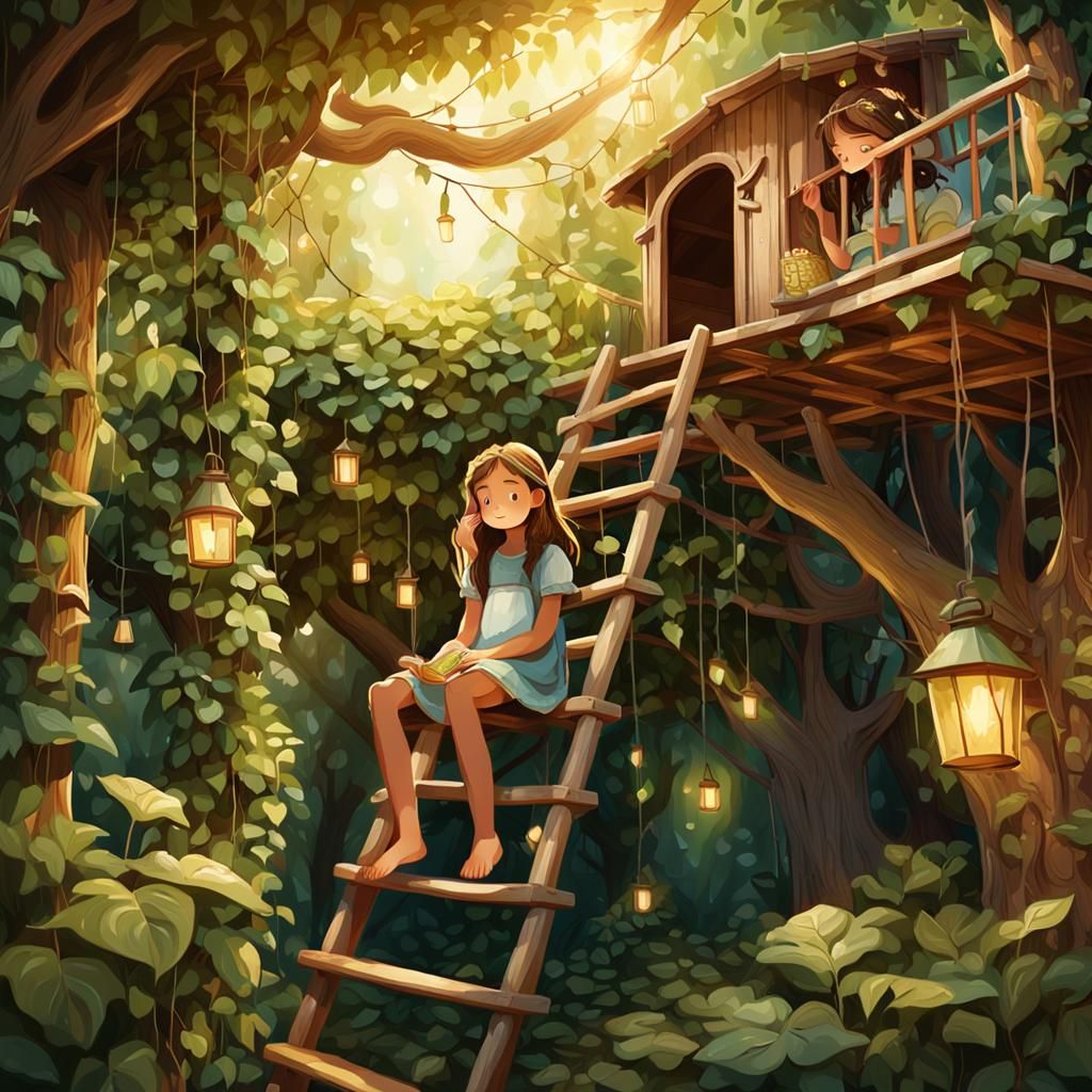 Whimsical Treehouse Illustration in Golden Sunlight