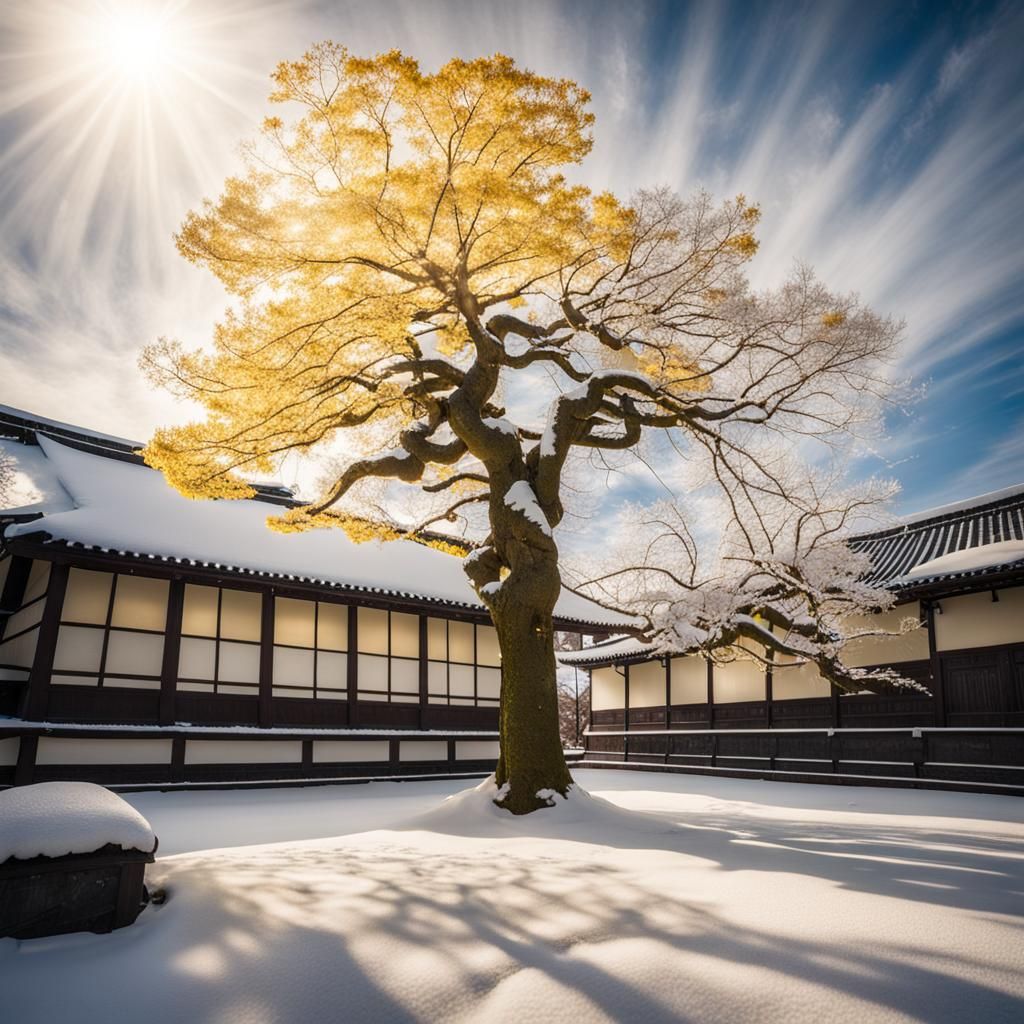 Ginkgo Tree in Winter Sunlight at Japanese Temple
