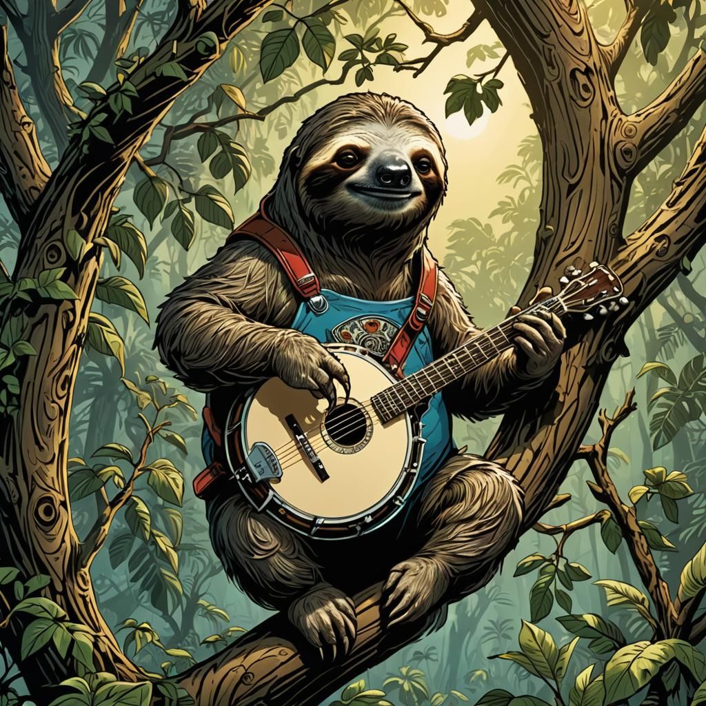 Sloth Plays Banjo in Comic Book Art Style