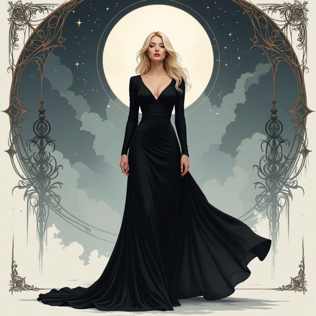 Blond Woman in Flowing Black Dress