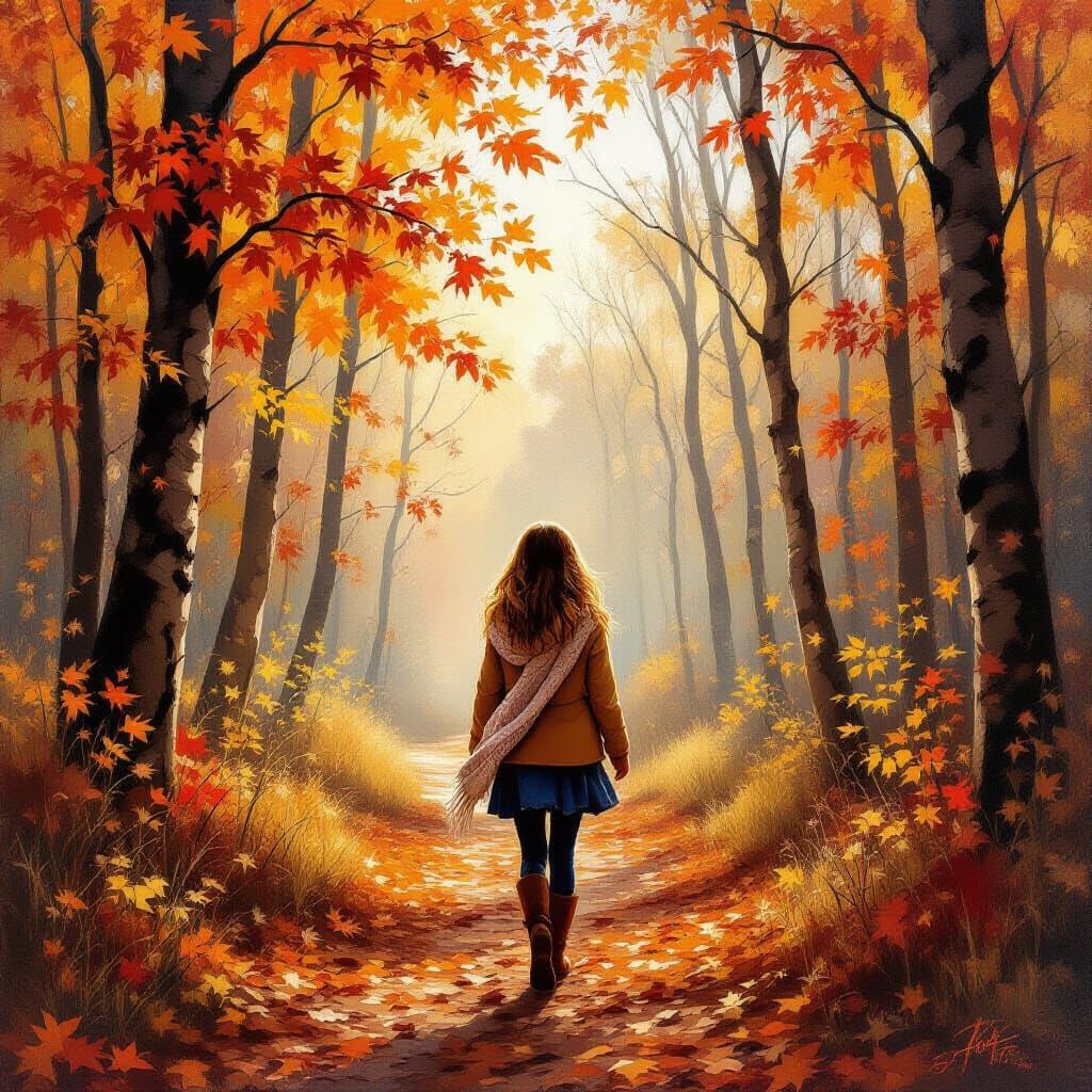 Young Girl Walks Through Autumn Forest Oil Painting
