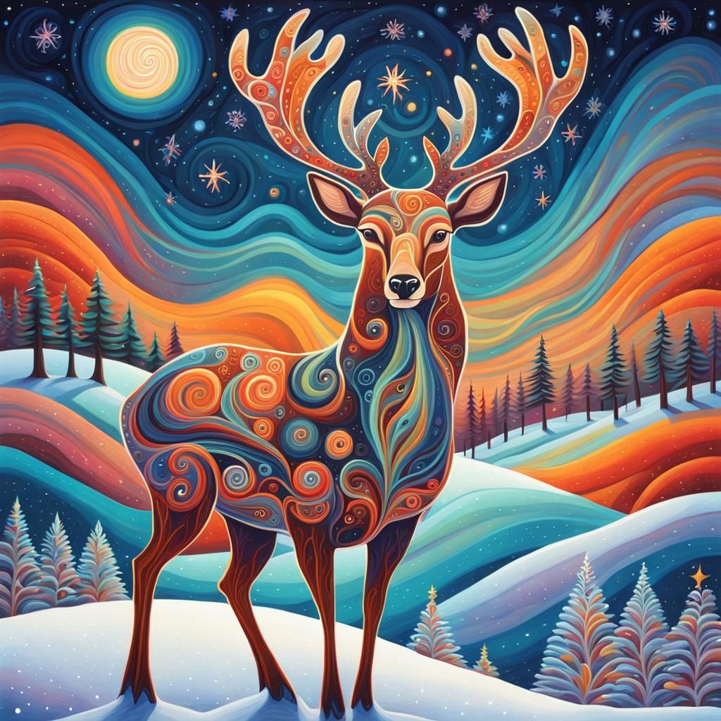 Psychedelic Cosmic Deer Santa in Winter Wonderland