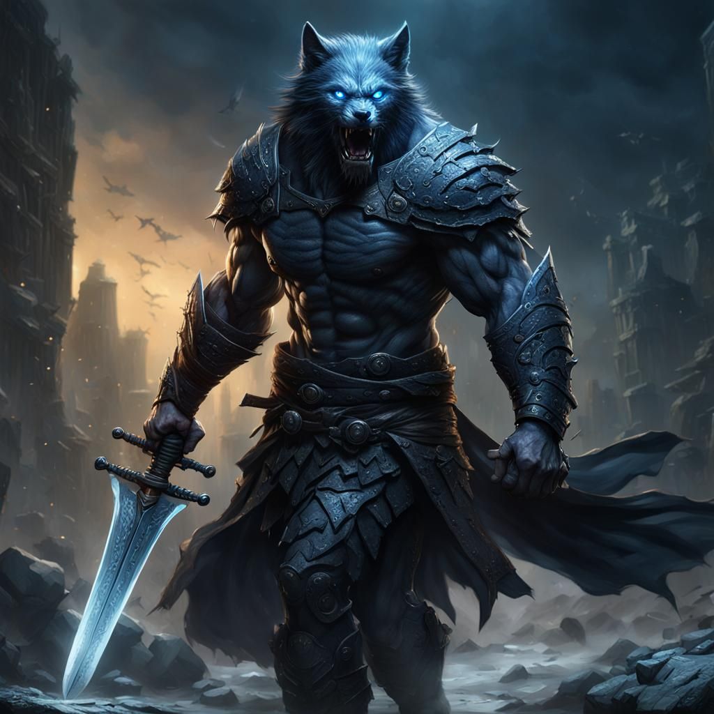 Fearsome Wolf-Man Warrior in Dark Fantasy Style