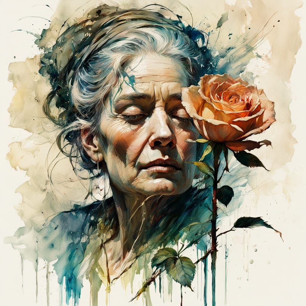 Reflective Woman with Rose in Watercolor Ink Style