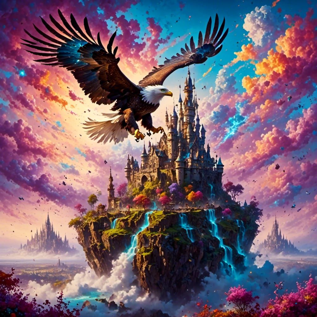 Eagle Soaring Past Castle in Purple Fantasy