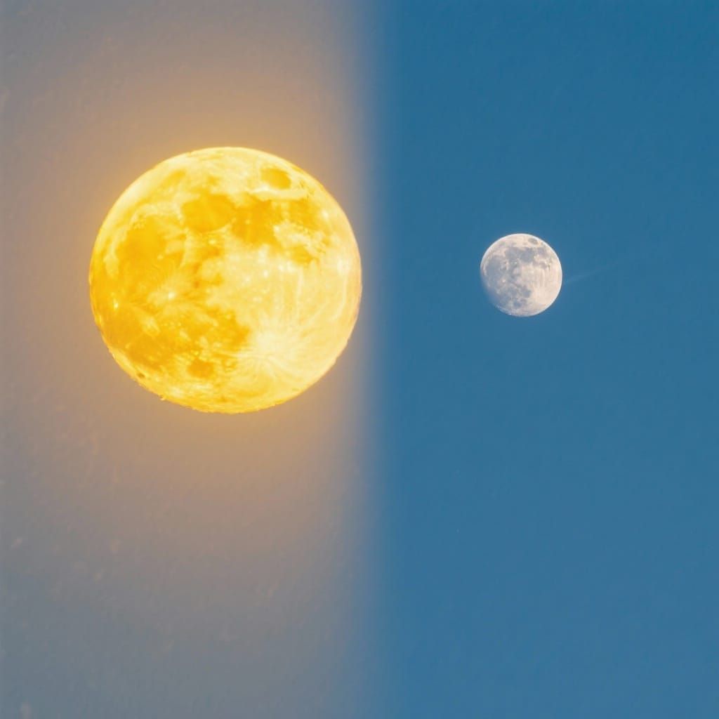 Dual Celestial Bodies: Yellow Moon and Gray Sun