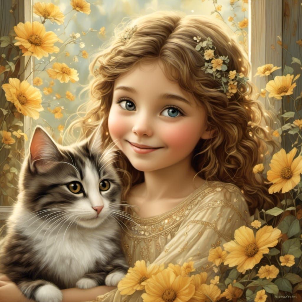 Girl with Cat on Windowsill in Pastel Colors