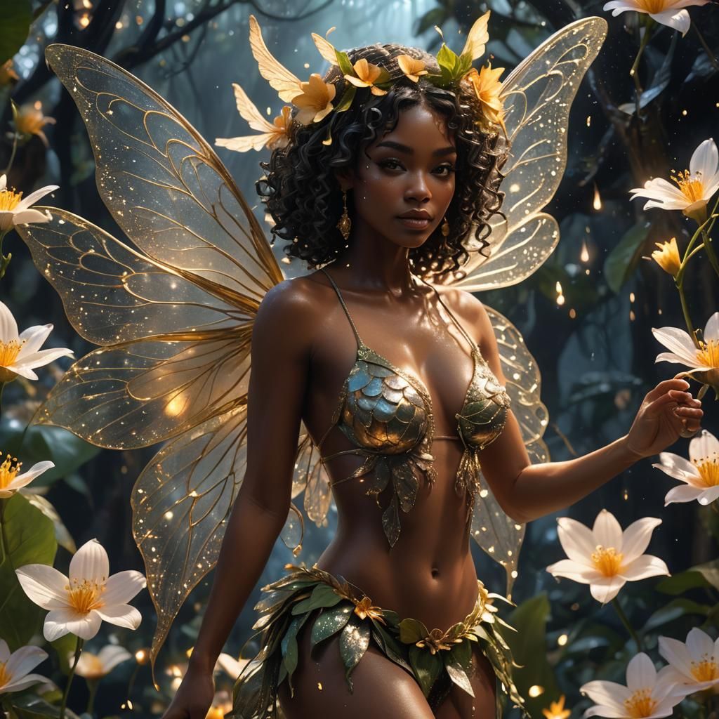 A stunning 12K 3D hyperrealistic image of a beautiful and elegant fairy with African American descent. She is wearing a ...