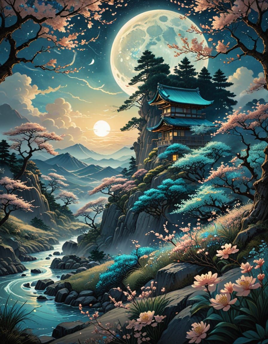 Serene Manga-Inspired Moonlit Landscape with Vibrant Flowers...